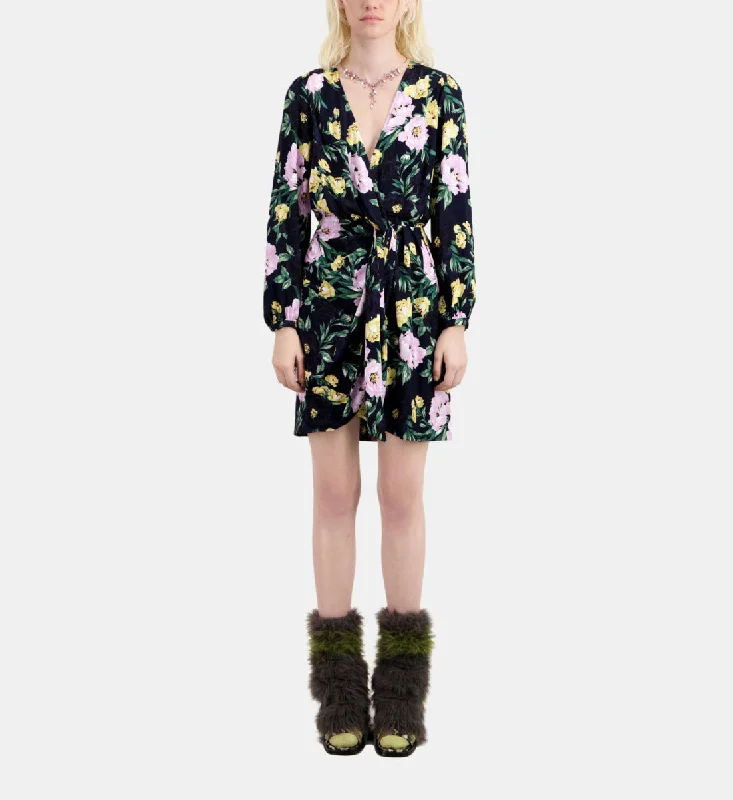 Great Deals Multicolor Floral Print Long Sleeve Short Dress With Draping | Women | Light Pink x Dark Navy