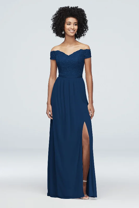 Don't Wait David's Bridal Off-the-Shoulder Lace and Mesh Bridesmaid Dress