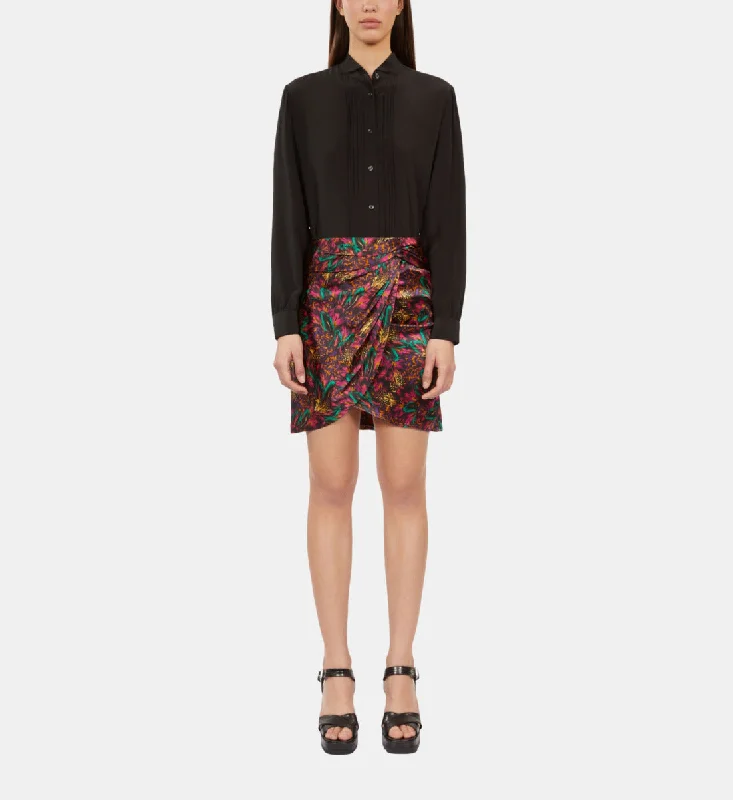 Deal Mania Featherprint Short Silk Skirt With Draping | Women | Multicolorlor