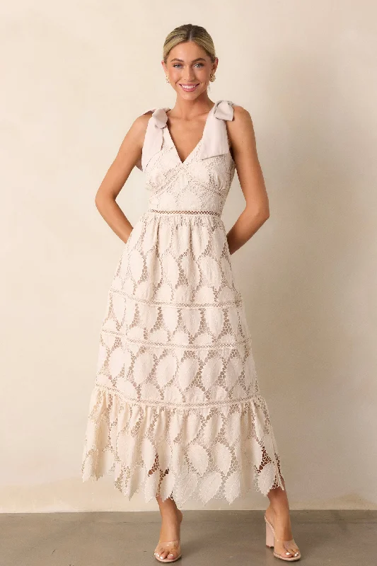 Great Deals Cinnamon Girl Light Beige Lace Maxi Dress