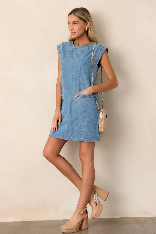 Markdown Madness Just Wondering Light Chambray Quilted Mini Dress
