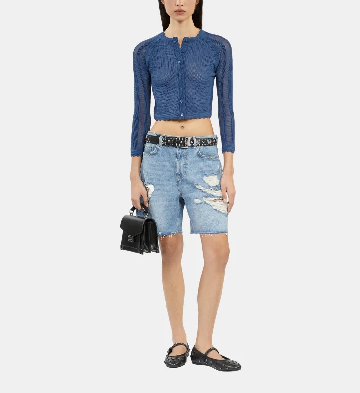 Overstock Sale Short Blue Openwork Knit Cardigan | Women | Middle Navy