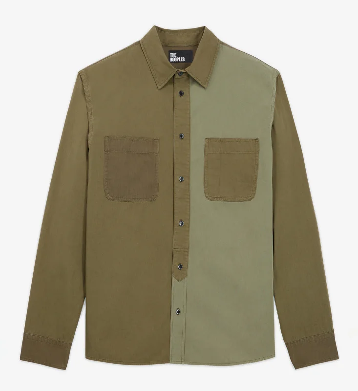 YEAR-End Sale Khaki Classic Collar Patchwork Denim Shirt | Men | Olive Night