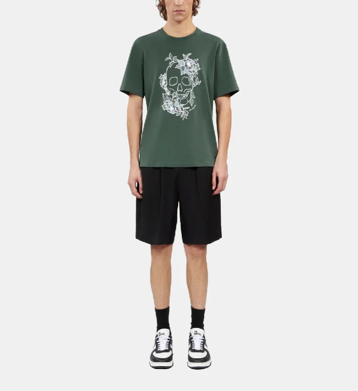 Deal of the Day Green T-Shirt With Flower Skull Serigraphy | Men | Forest