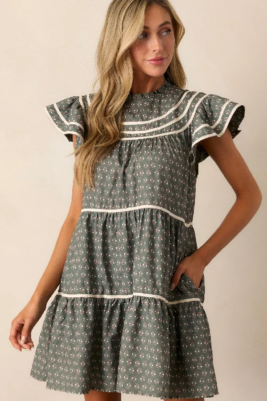 Take Advantage What I Feel Olive Green Floral Flutter Sleeve Mini Dress