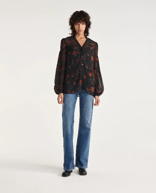 Midnight Sale Smart Shirt With Classic V-Neck & Print | Women | Black
