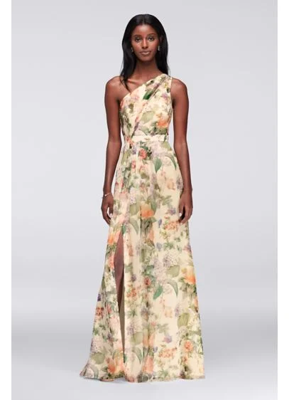 Super Sale David's Bridal Long One Shoulder Printed Chiffon Dress