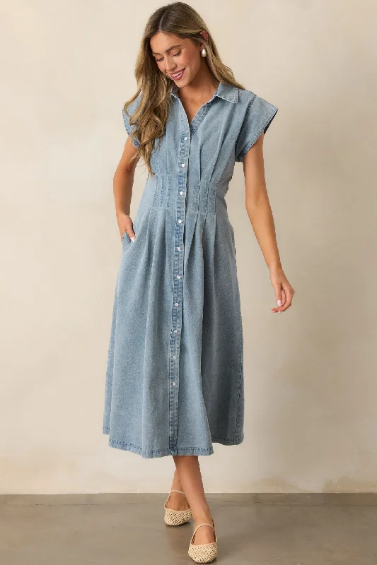 Seasonal Sale Classic Tea Party Light Wash Denim Button Front Pleated Midi Dress