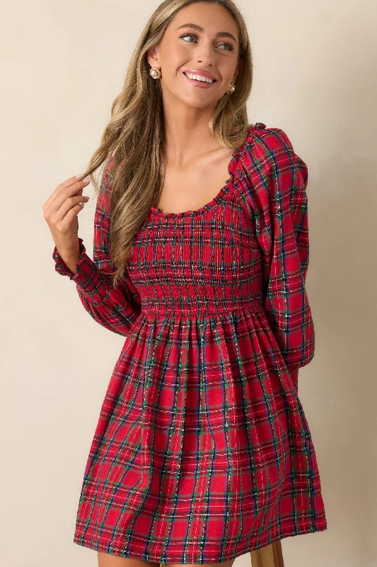 Clearance Event Dance With Me Cotton Red Plaid Long Sleeve Mini Dress
