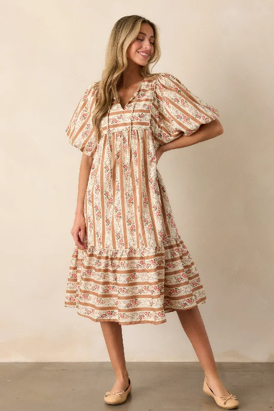 Discount Deals Cool Traces 100% Cotton Camel Puff Sleeve Midi Dress