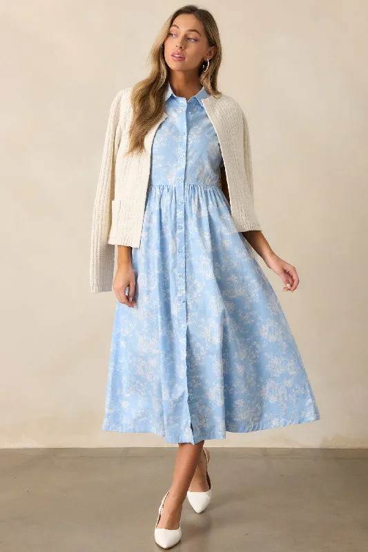 Overstock Sale Believe It Cotton Light Blue Toile Midi Dress