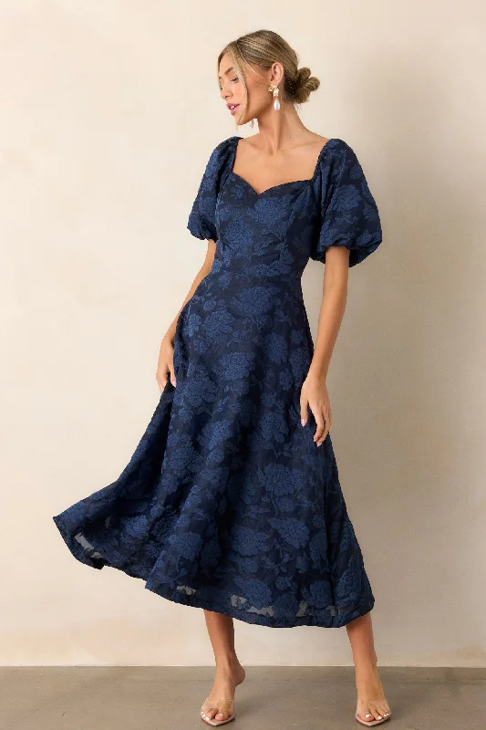 Deal Frenzy Starlit Evenings Navy Floral Jacquard Midi Dress