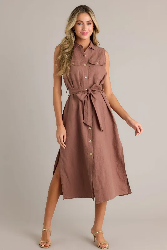 Super Deal Timeless Grace Brown Tie-Front Midi Dress