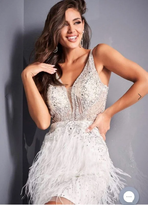 Crazy Deals Jovani Beaded Scoop Back Feather Fringe Cocktail Dress