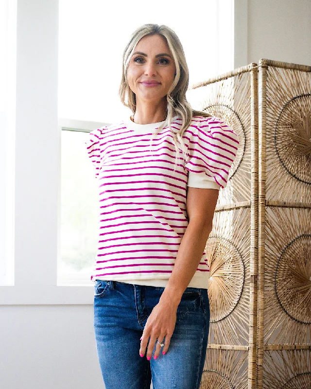 Price Break Carmen Striped Top with Puff Sleeves - Magenta