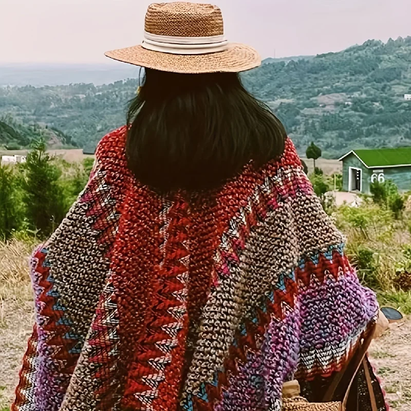 Early Access Boho Chic Knitted Shawl - Warm, Windproof, Elastic with Unique Striped Design for Casual Elegance & Adventure Early Access Boho Chic Knitted Shawl - Warm, Windproof, Elastic with Unique Striped Design for Casual Elegance & Adventure