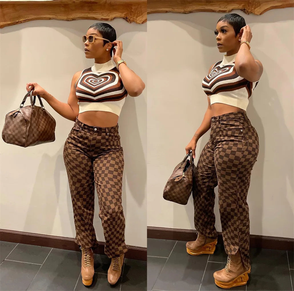Huge Discounts Bomblook C1104PT Vintage Plaid Print Trousers Casual Women Pants Y2K Streetwear Denim Pants Straight Slit Jeans Women
