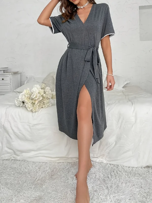 Price Drop Casual Solid Night Robe, Short Sleeve V Neck Robe With Belt, Women's Sleepwear & Dresses Price Drop Casual Solid Night Robe, Short Sleeve V Neck Robe With Belt, Women's Sleepwear & Dresses
