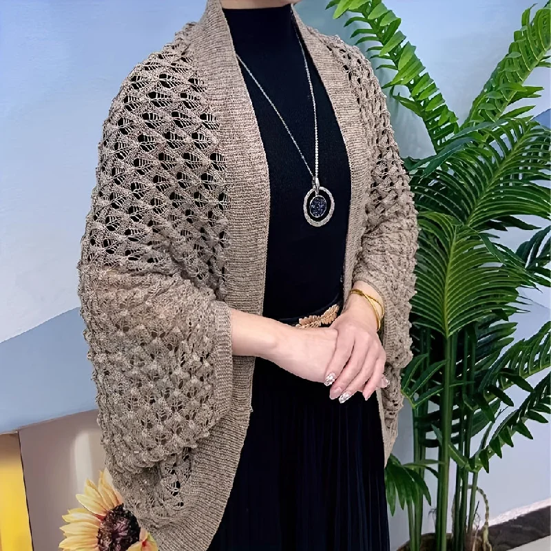 Online Only Chic Monochrome Hollow Cardigan Shawl - Loose Batwing Sleeves, Elegant Smock Design for Stylish Womens Outerwear Online Only Chic Monochrome Hollow Cardigan Shawl - Loose Batwing Sleeves, Elegant Smock Design for Stylish Womens Outerwear