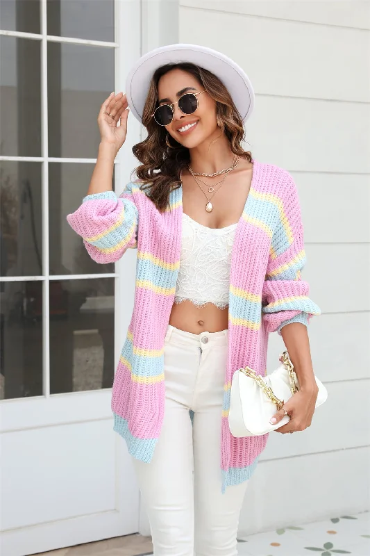 Deal of the Day Color Block Ribbed Dropped Shoulder Open Front Cardigan
