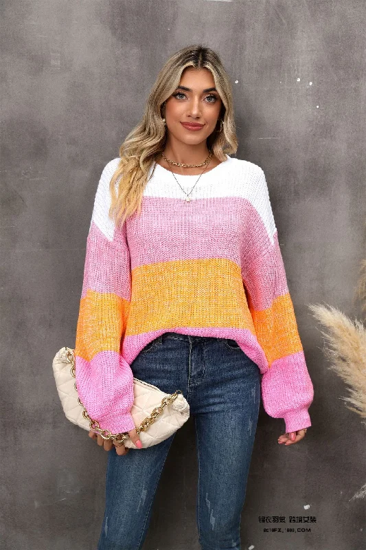 Weekend Flash Sale Color Block Round Neck Dropped Shoulder Sweater