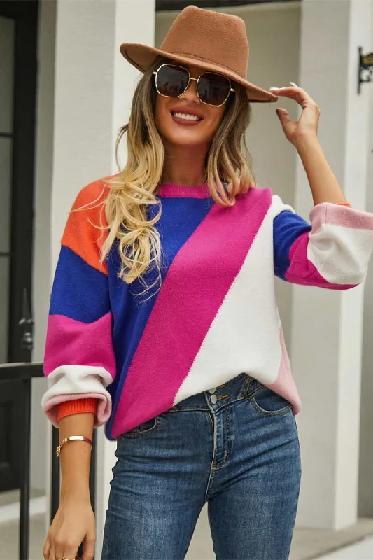 Best Seller Color Block Round Neck Long Sleeve Sweater