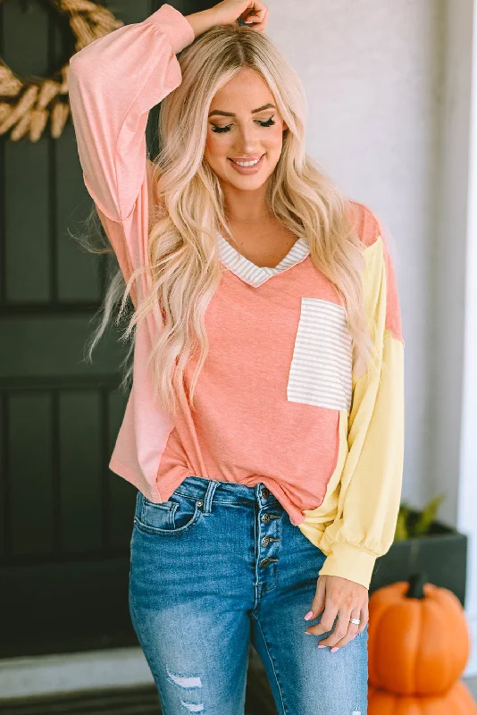 Special Savings Color Block V-Neck Dropped Shoulder Sweatshirt with Pocket