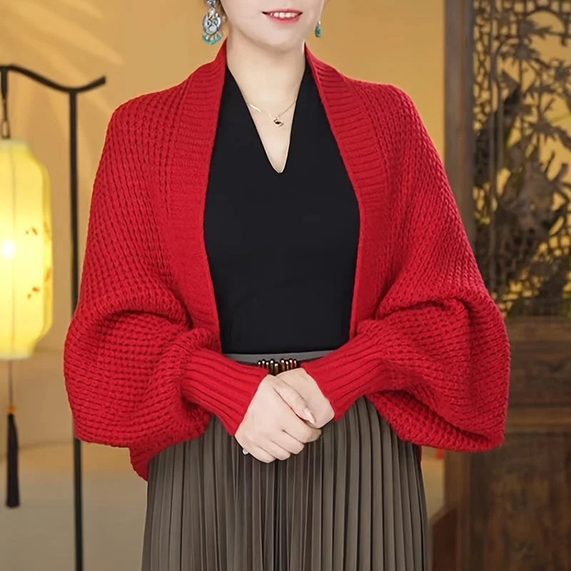 Final Clearance Cozy Autumn Winter Cardigan - Elegant Solid Color, Knitted, Simple, Stretchy, Bat Sleeves, Thick, Warm, Includes Brooch