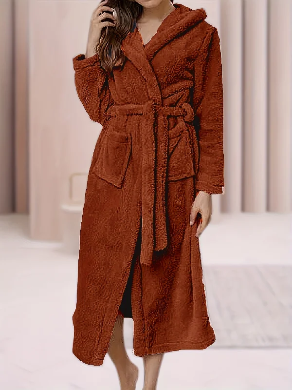 Closeout Sale Cozy Plus Size Solid Long Sleeve Hooded Fleece Comfort Belted Lounge Robe - Plus Size Nightgowns & Sleepshirts with Soft Fabric, Warmth, and Relaxing Fit for Fall & Winter Seasons