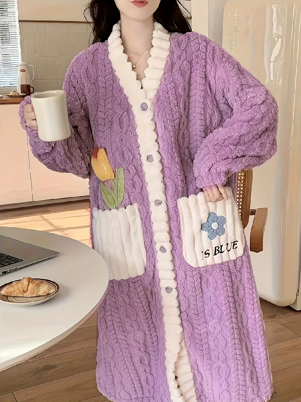 Super Savings Cozy Womens Floral Nightgown Robe - Adorable Long Sleeve Button Up with Pockets, Soft Textured Flannel Bathrobe for Sweet Dreams Super Savings Cozy Womens Floral Nightgown Robe - Adorable Long Sleeve Button Up with Pockets, Soft Textured Flannel Bathrobe for Sweet Dreams