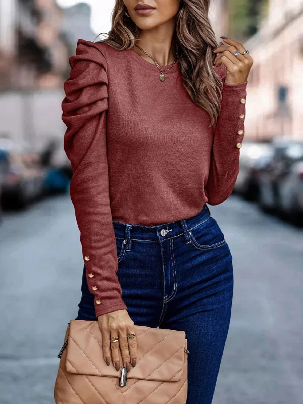 Final Markdown Decorative Button Puff Sleeve T-Shirt