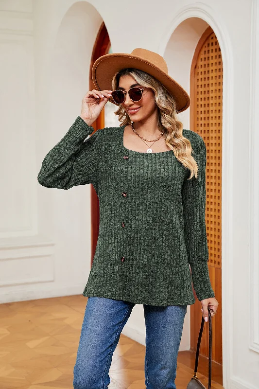 Deal Alert Decorative Button Slit Square Neck Top