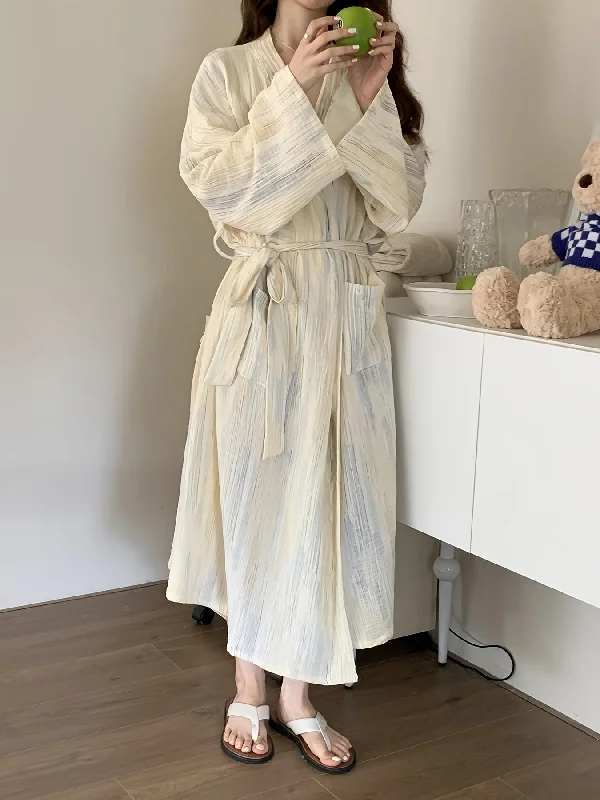 Midnight Sale Elegant Ombre Stripe Print Night Robes, Comfy Long Sleeve Pocketed Robe With Belt, Women's Loungewear & Sleepwear Midnight Sale Elegant Ombre Stripe Print Night Robes, Comfy Long Sleeve Pocketed Robe With Belt, Women's Loungewear & Sleepwear