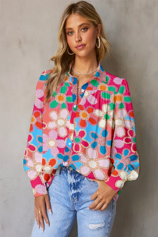 Super Bargain Floral Print Lantern Sleeve Collared Neck Shirt