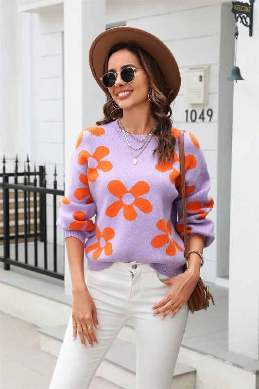 Last Chance Floral Print Round Neck Dropped Shoulder Pullover Sweater