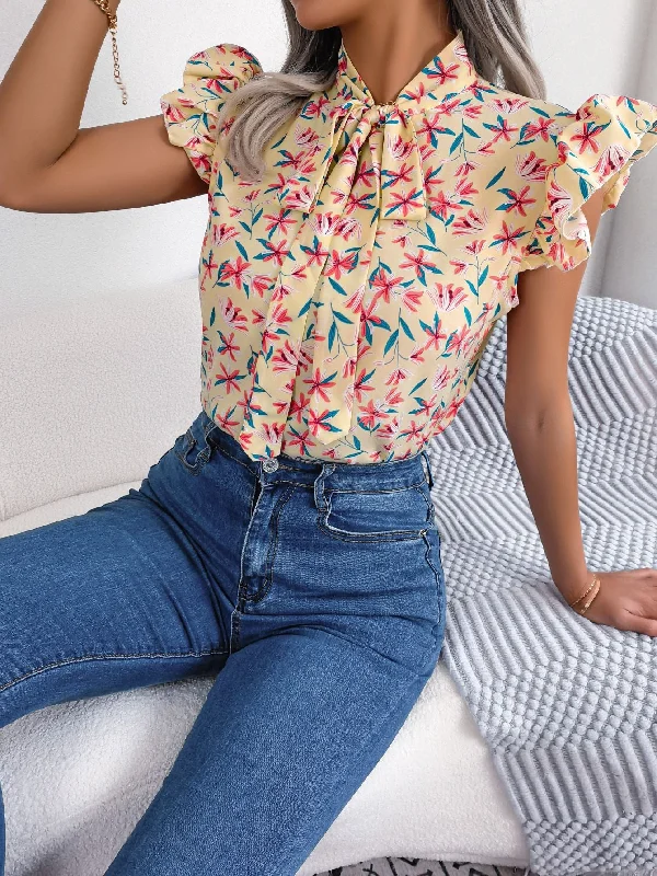 New Markdowns Floral Tie Neck Flutter Sleeve Blouse