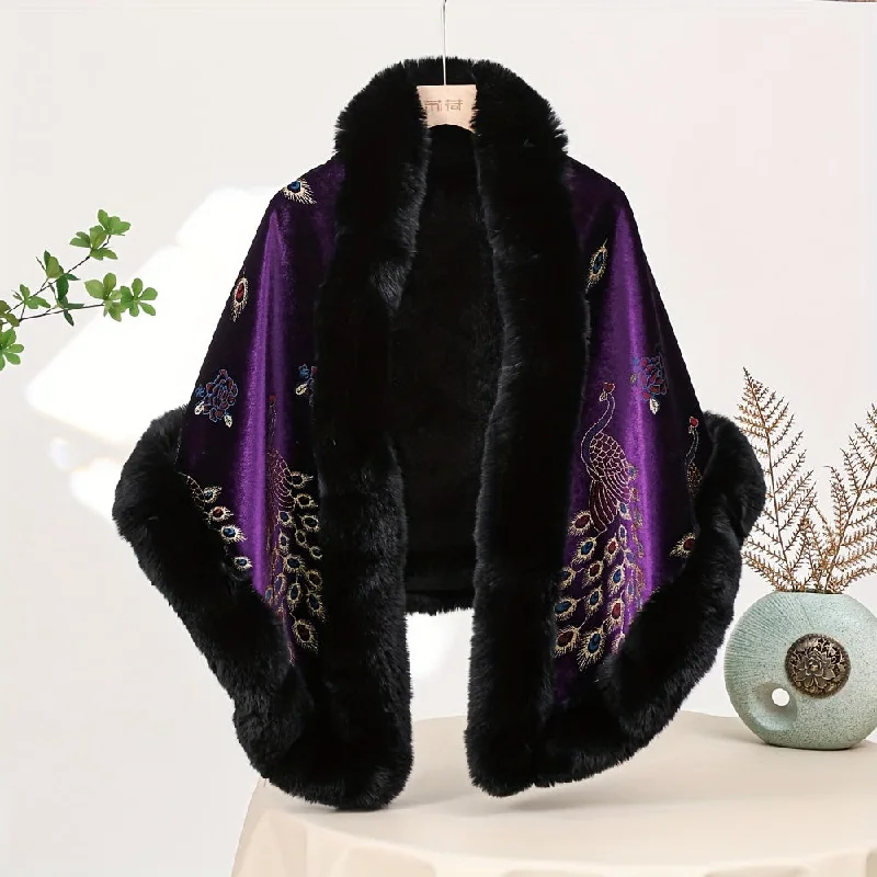 Price Reduction Glamorous Peacock Pattern Faux Fur Collar Shawl Cardigan - Winter Thickened Warmth for Stylish Women - Noble Design, Cheongsam-Inspired Cloak Price Reduction Glamorous Peacock Pattern Faux Fur Collar Shawl Cardigan - Winter Thickened Warmth for Stylish Women - Noble Design, Cheongsam-Inspired Cloak