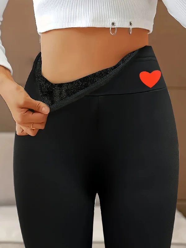 Best Bargains Heart Print Fleece Skinny Leggings, Casual High Waist Thermal Leggings For Fall & Winter, Women's Clothing