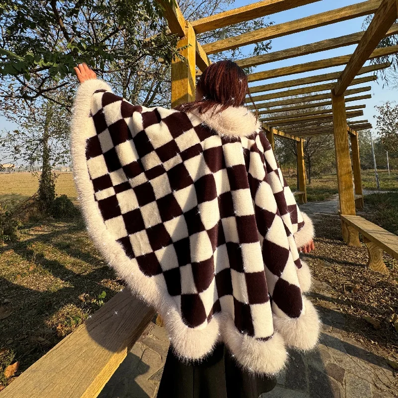Big Savings Luxurious Faux Fur Collar Shawl Cape - Fashion-Forward Checkerboard Pattern - Oversized & Warm for Autumn Winter Big Savings Luxurious Faux Fur Collar Shawl Cape - Fashion-Forward Checkerboard Pattern - Oversized & Warm for Autumn Winter