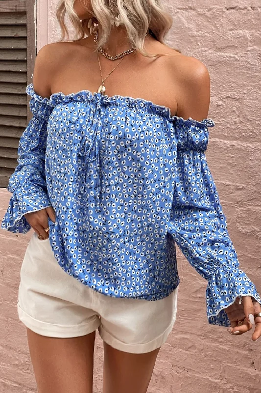 Year-End Sale Off Shoulder Printed Frill Trim Blouse