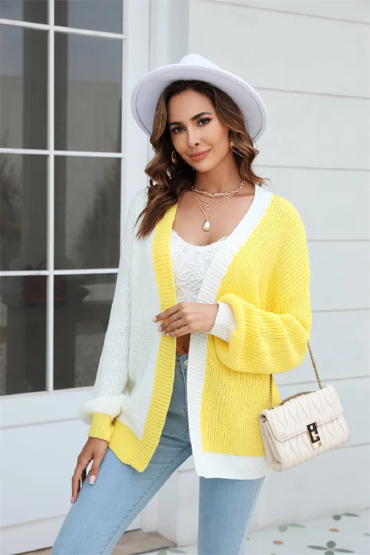 Take Advantage Open Front Contrast Color Balloon Sleeve Cardigan