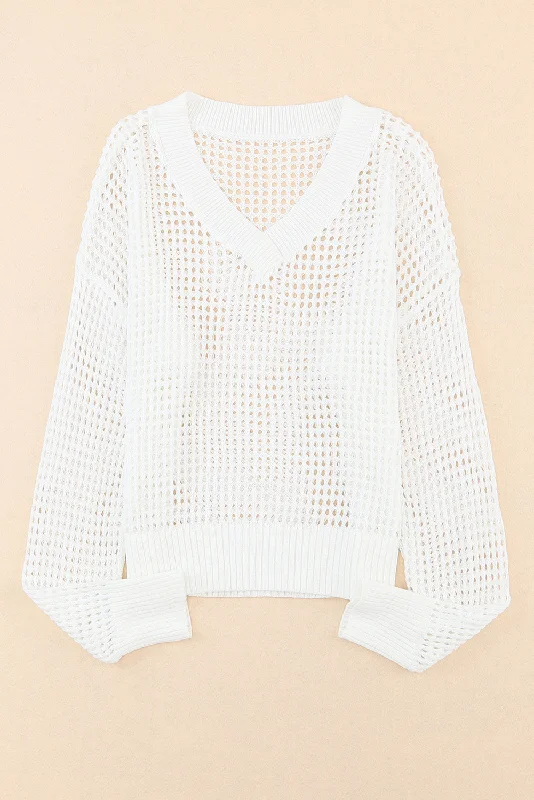 Deal of the Week Openwork V-Neck Dropped Shoulder Knit Top
