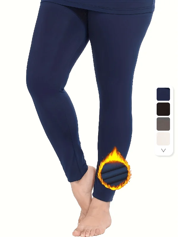Today’s Deal Plus Size Casual Thermal Underwear Leggings, Women's Plus Solid Fleece Lined High Waisted Ultra-soft Thermal Pants