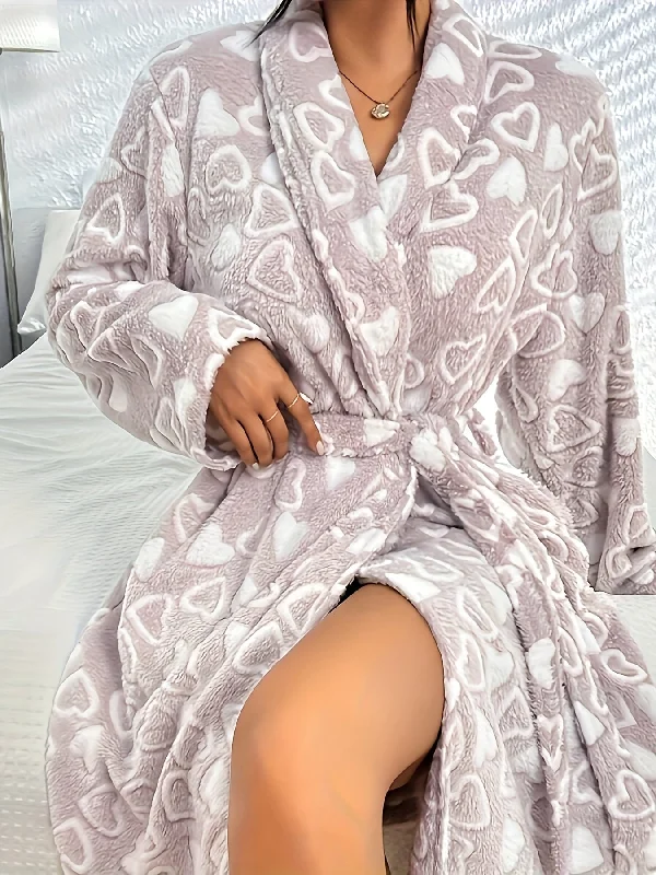 Season Finale Sale Plus Size Womens Cozy Heart Pattern Fluffy Plush Long Sleeve Winter Robe Set - Soft V-Neck, Machine Washable, Belted, Slight Stretch Polyester Knit Fabric - Perfect for Casual Lounge Wear Season Finale Sale Plus Size Womens Cozy Heart Pattern Fluffy Plush Long Sleeve Winter Robe Set - Soft V-Neck, Machine Washable, Belted, Slight Stretch Polyester Knit Fabric - Perfect for Casual Lounge Wear
