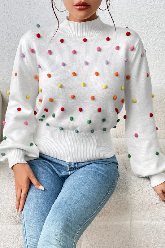 Sale Event Pom-Pom Trim Mock Neck Long Sleeve Pullover Sweater