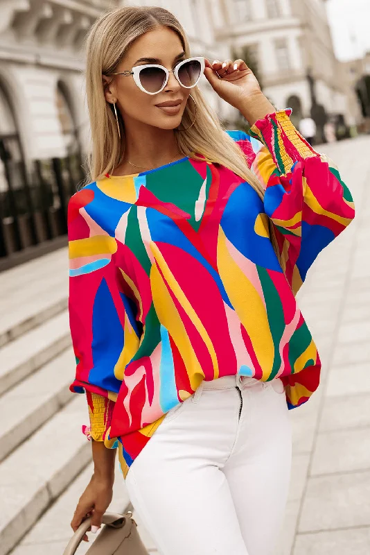 Lowest Price Printed Round Neck Smocked Wrist Lantern Sleeve Blouse