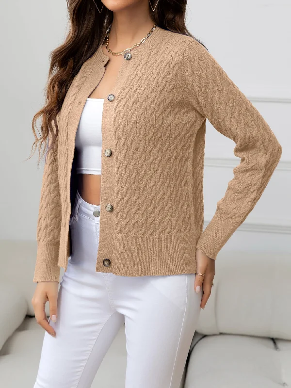 Price Smash Round Neck Cable-Knit Buttoned Knit Top