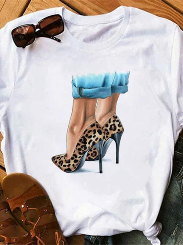 Bonus Savings sexy heels t-shirt round neck short-sleeved T-shirt women's top