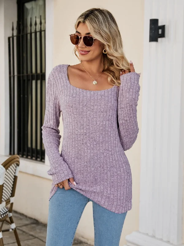 Huge Discounts Square Neck Ribbed Long Sleeve T-Shirt