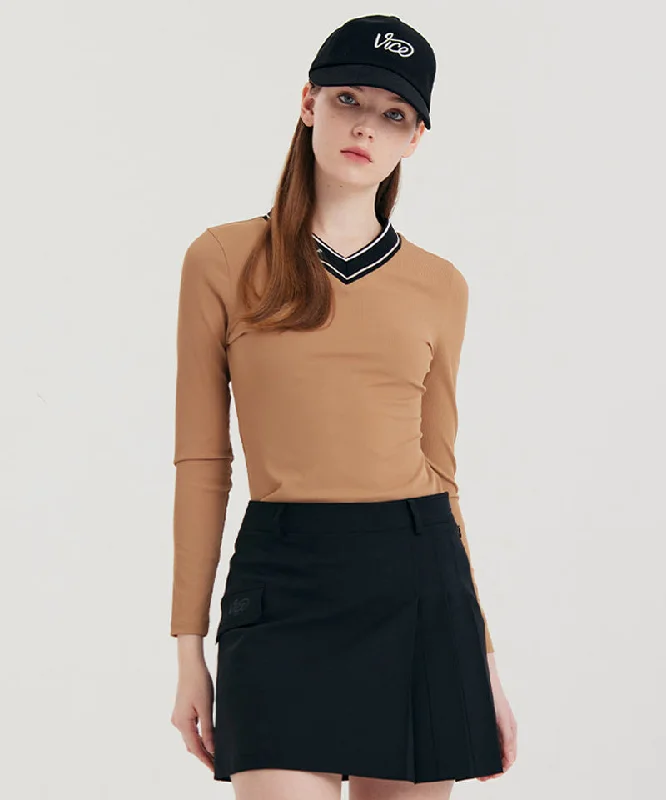 Shop and Save Vice Golf Atelier Women Ribbed V-Neck Long T-Shirt - Brown